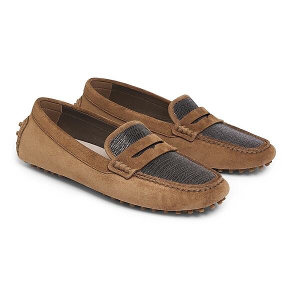 Brunello Cucinelli Monili Suede Moccasins Penny Loafers driving shoes Brown 36 - Picture 1 of 7